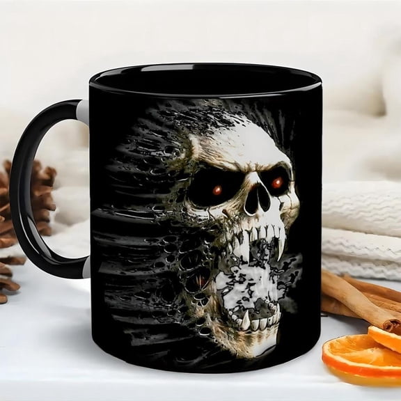 1pc Gothic Skull Coffee Mug 11oz Dark Horror Skeleton Design with Red Eyes Skull Pattern Durable Ceramic Cup Halloween Parties
