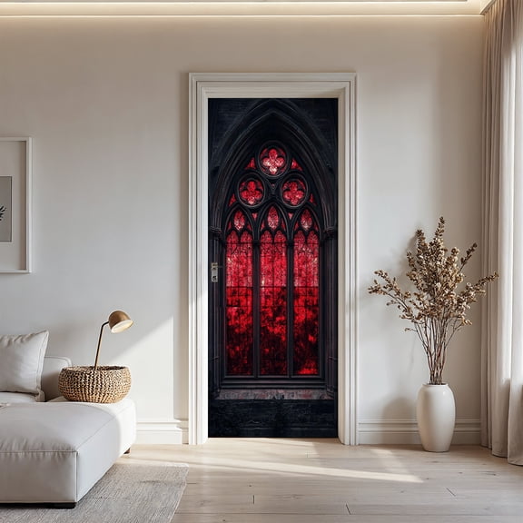 1pc Gothic Stained Door Mural Sticker - Self-Adhesive Removable PVC Film with Red & Gothic Arch Window Design, Easy Peel & Stick Application for Doors & Walls, Modern Gothic Home Decor, Privacy Film