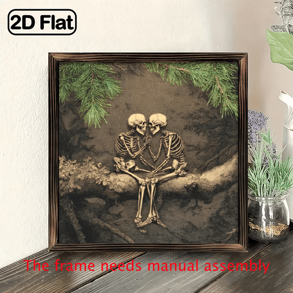 1pc, Gothic Style Romance Skeleton Couple Embracing Art Wooden Frame 8x8'', Retro Gothic Forest Skull with Frame Decorative Sign for Living Room, Bathroom, Dining Room Decor - Ideal Holiday Gift