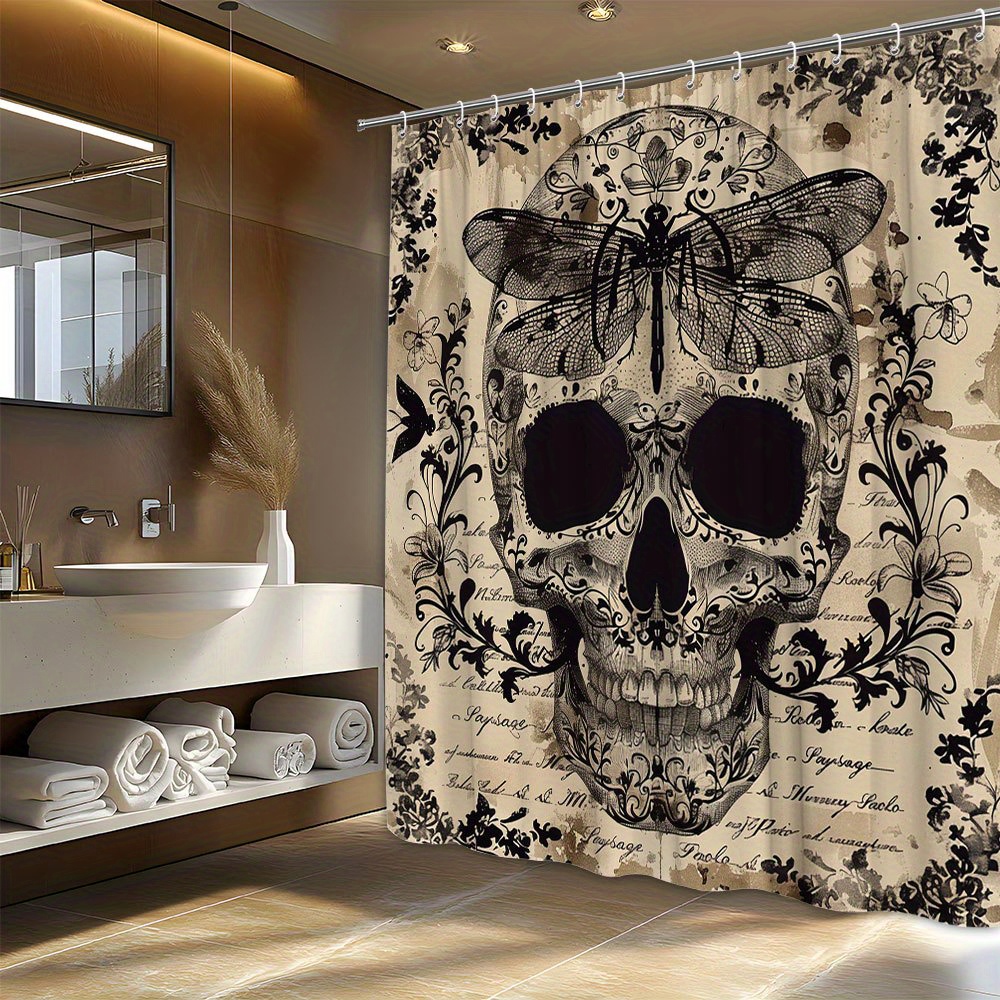 1pc Gothic Sugar Skull Polyester Shower Curtain with Moth Floral Patterns - Black & White Vintage Digital Artwork, 72x72 inch Fabric Bathroom Decor with 12 Hooks