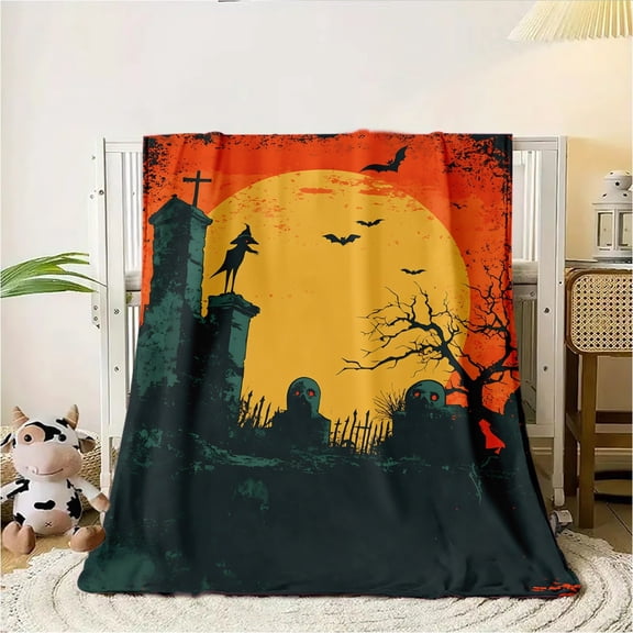 1pc Gothic Vampire Werewolf Zombie Cemetery Throw Blanket - Spooky Graveyard with Jack-O-Lanterns, Bats & Tombstones - Heavy-Duty Flannel Fabric for Indoor/Outdoor Use - All-Season Horror Decor - Per