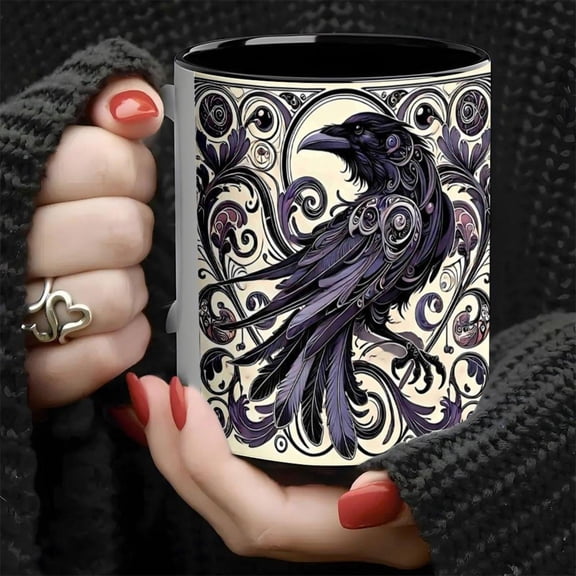 1pc Gothic Victorian Crow Raven Ceramic Coffee Mug Heat Resistant Dishwasher Elegant Black Purple Swirl Design with Intricate Raven Art Durable Kitchen Cup Tea Coffee or Decorative Halloween Everyday