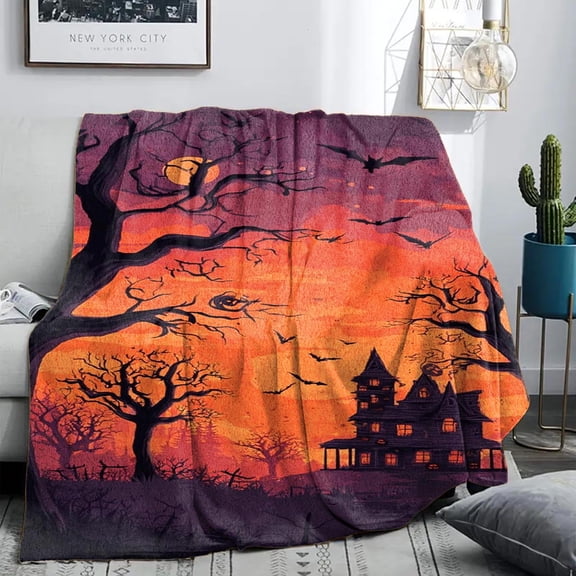 1pc Gothic Victorian House Throw Blanket - Soft Flannel Bedspread with Bats, Full Moon & Haunted Castle Design in Purple, Orange, Black - All-Season Couch, Camping, Travel, Home Decor - Cozy Gift for