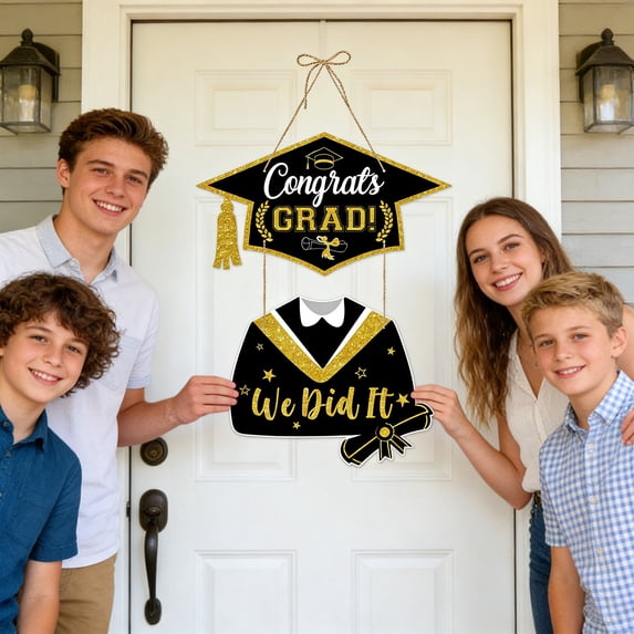 1pc Graduation Welcome Sign Door Hanging Sign, Black and Gold Graduation Party Decoration, Class of 2026 Party Decor with Hemp Rope, Thick Cardboard for Classroom Dorm Venue