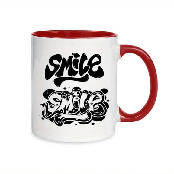 1pc Graffiti Style Smile Text Coffee Mug with Bold Black Red Lettering 11oz White Ceramic Cup with Red Rim Black Lid like Design Modern Cursive Lettering joyful Face Accent Birthda