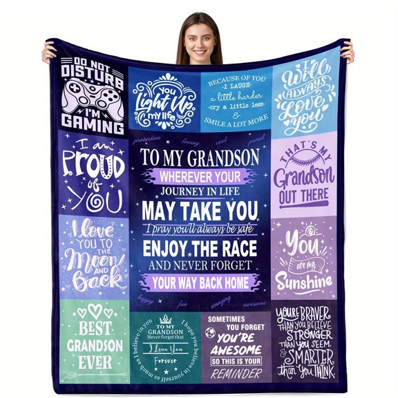 1pc Grandson Gift Flannel Throw Blanket - Contemporary Inspirational Quotes, Digital Print Soft Flannel Blanket for Teens and Adults, All-Season Multipurpose Machine Washable Bed Sofa - Purple