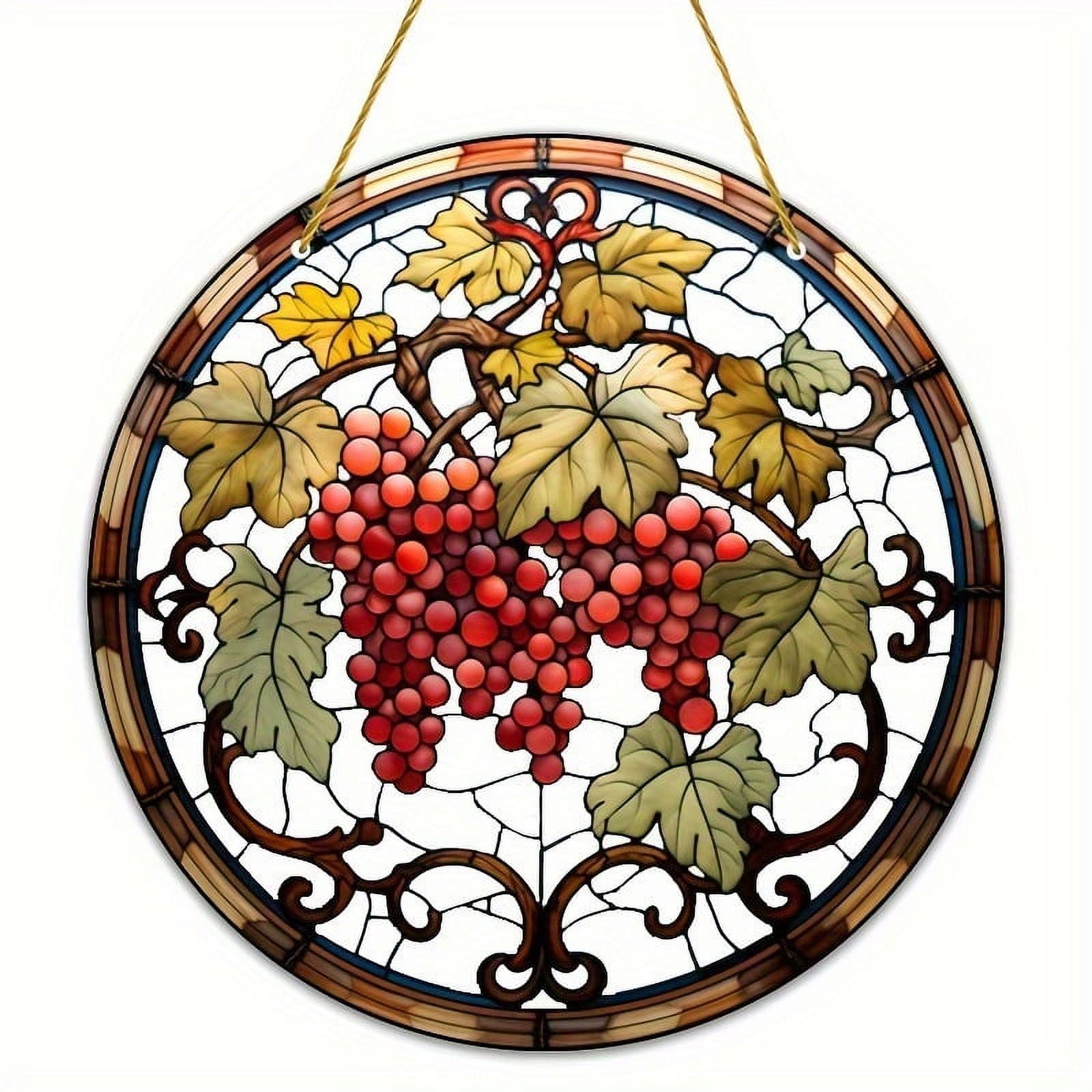 Stained glass grapes, Stained Glass Suncatcher, Autumn red leaf and berries, shops stained glass decor for window, window hanging suncatcher