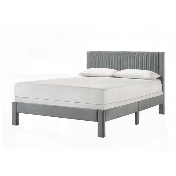 Full Size Metal Platform Bed Frame with Ribbed Upholstered Headboard, Low-profile, Gray, Bedroom