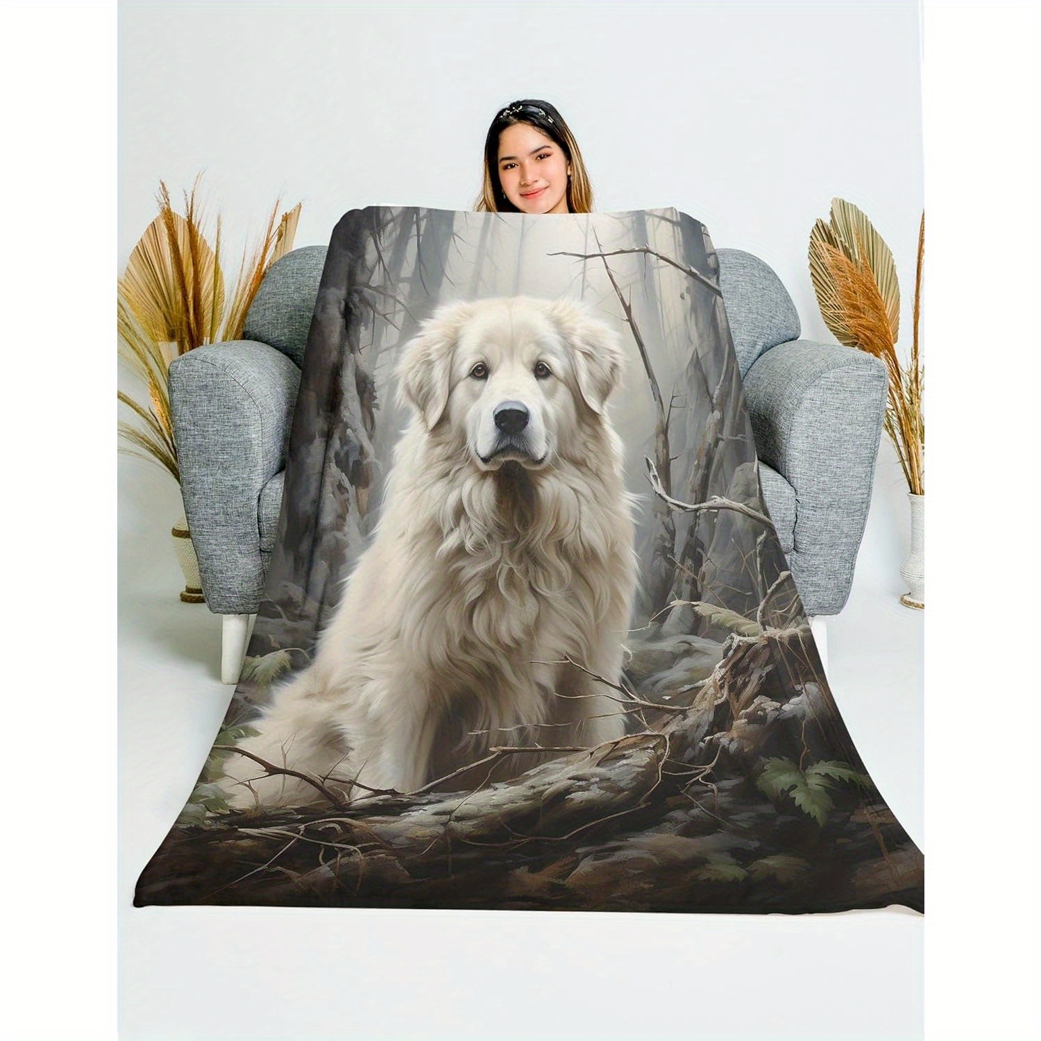 1pc Great Pyrenees Dog Blanket - Flannel All-Season Soft Hypoallergenic Throw & Bedspread, Vintage Forest Print Design, Machine Washable Cozy Gift for Dog Lovers, Pet Blanket, Hypoallergenic Material