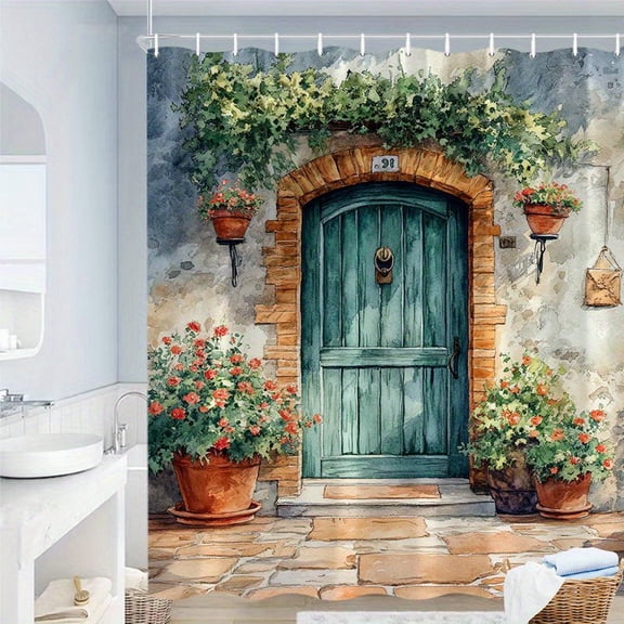 1pc Green Door Shower Curtain Red Flowers Rustic Brick Archway Climbing Ivy Terracotta Pots Mediterranean Street Watercolor Design Hooks Bathroom Decor