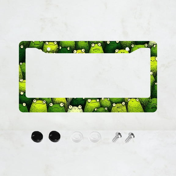 1pc Green Frog Pattern 2-Hole License Plate Frame, Aluminum Material, 6x12 Inches with Screw Set, Cartoon Funny Car Decoration Gift, Standard US License Plate Size