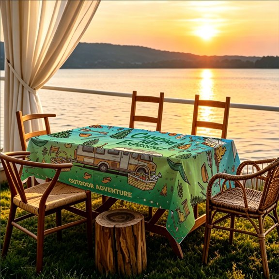 1pc Green Gradient RV Adventure Camping 2D Printed Tablecloth, Kitchen Patio Backyard Party Table Cover, Christmas Gift for Camping Hobbyists