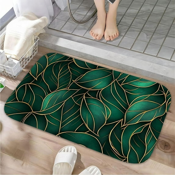 1pc Green Leaves with Gold Edges Absorbent Non-Slip Bathroom Thickened Flannel Rug Decor,Soft,Quick Drying,Suitable For Indoor/outdoor Use,Bathrooms,Bedrooms,Kitchens,Terrace,Laundry Rooms,16"x24"
