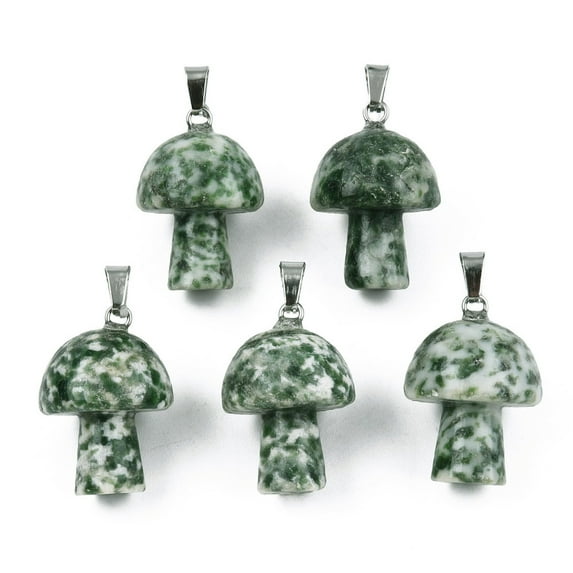 1pc Green Spot Jasper Pendants with Stainless Steel Snap On Bails Mushroom Shaped 24~25x16mm Hole: 5x3mm