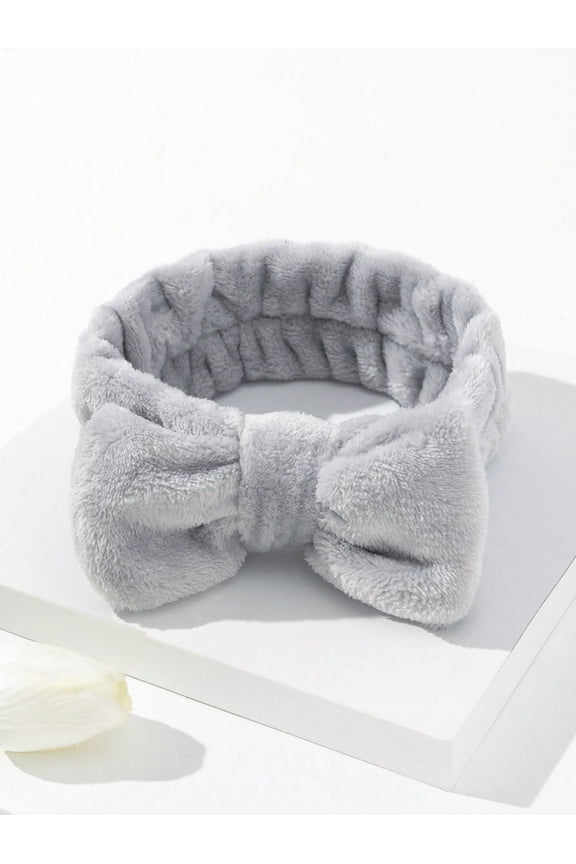 1pc Grey Bath Headband, Modern Polyester Bow Decor Facial Makeup Headband