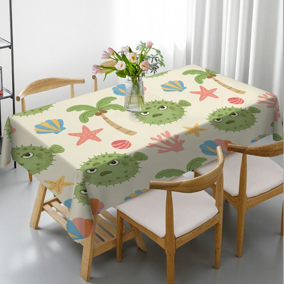 1pc Grumpy Pufferfish Pattern Print Rectangular Tablecloth, Kitchen Accessories Polyester Tablecloths, Grumpy Pufferfish Pattern
