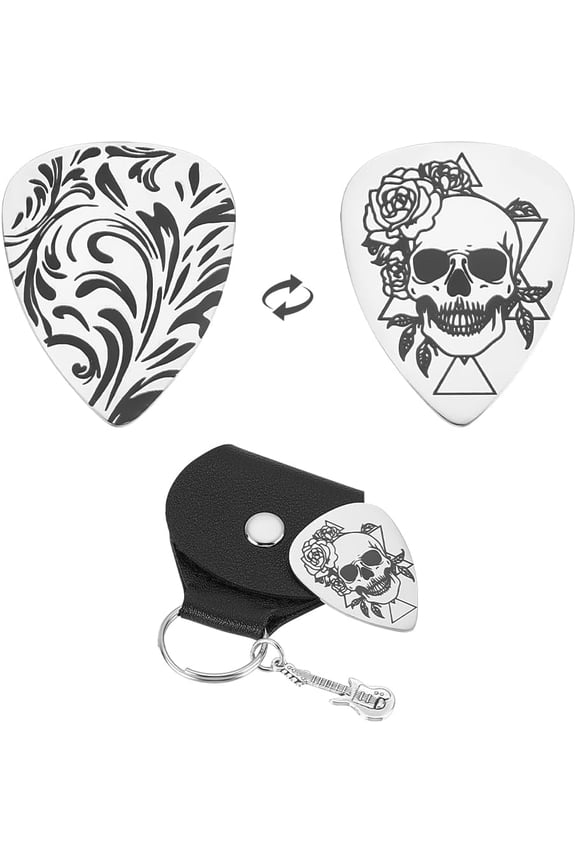 1pc Guitar Picks Gifts Flower Stainless Steel Guitar Pick Keychain with PU Leather Case Double Side Diffierent Style Plectrum Guitar Set Christmas Gifts for Guitar Lover