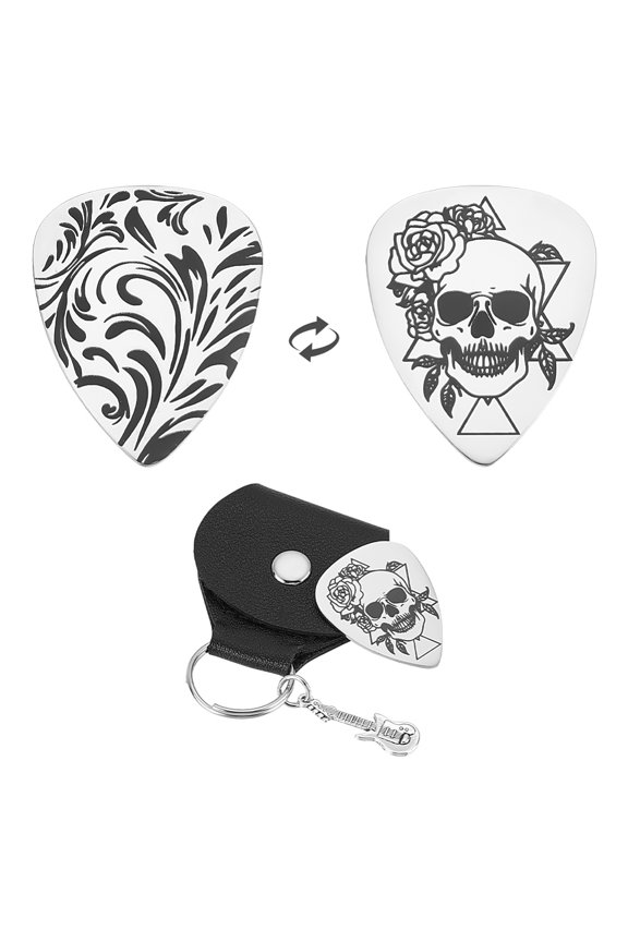1pc Guitar Picks Gifts Flower Stainless Steel Guitar Pick Keychain with PU Leather Case Double Side Diffierent Style Plectrum Guitar