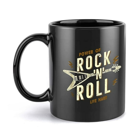 1pc Guitar Power of Rock n Roll Live Hard Mug 11oz Ceramic Coffee Cup with Golden Lettering Ideal Music Lovers Holiday Birthday or Christmas Music Lover Bold Text Design Durable Ce
