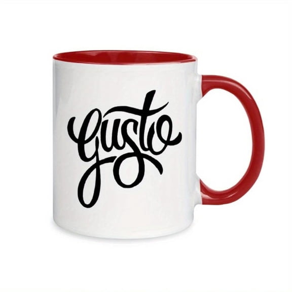 1pc Gusto 11oz Ceramic Coffee Mug with Red Handle Elegant Cursive Design Durable Stylish Hot Cold Beverages Birthdays Holidays or Everyday Use Coffee Bar Accessories Pendant Mug Ka