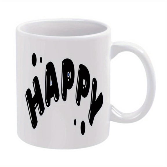1pc HAPPY Ceramic Coffee Mug 11oz White with Black Splatter Design Reusable Hand Wash Only Ideal Christmas New Year Gifts Versatile All Seasons