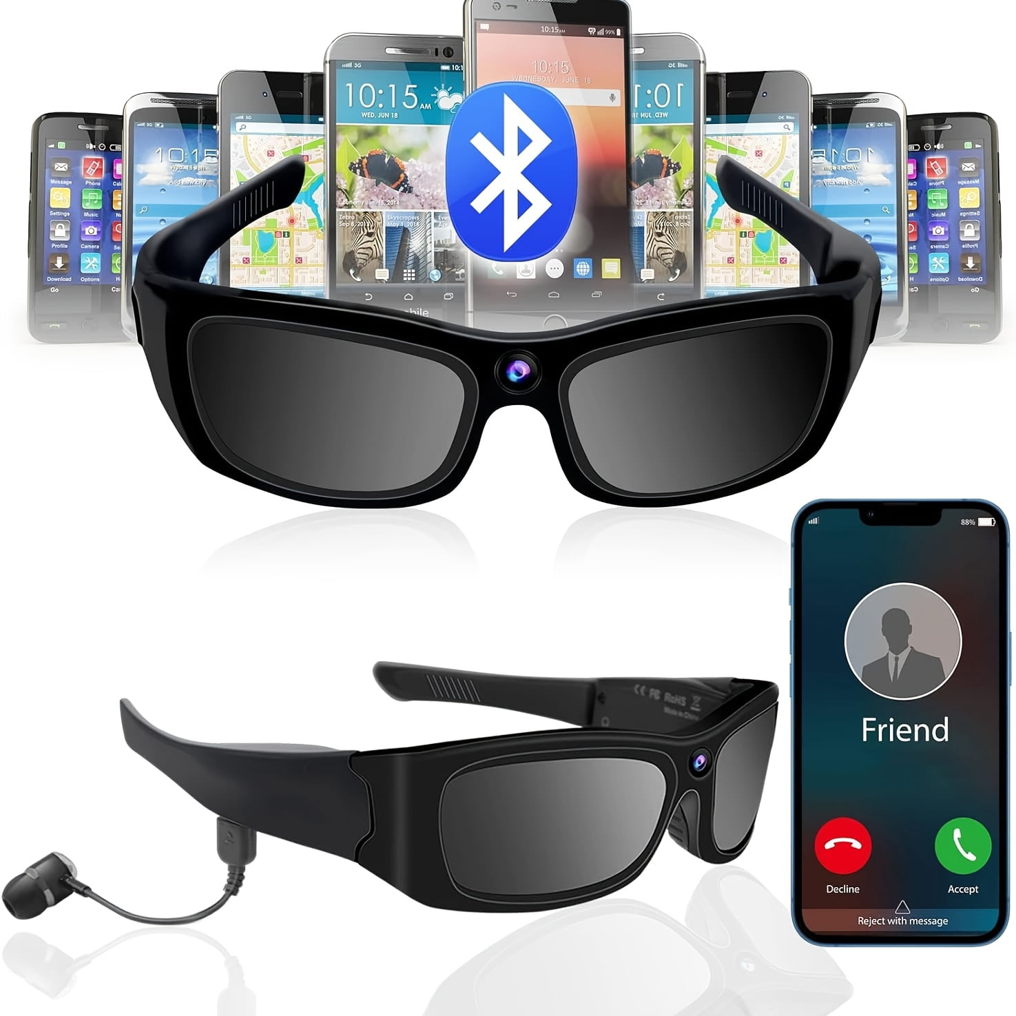Headless Camera 1pc HD 1080P Bluetooth Sports Camera with Headphones, Smart Wearable ...