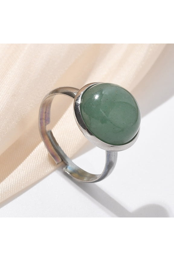 1pc Half Round Green Aventurine Finger Rings 304 Stainless Steel Adjustable Rings for Women Round: 14mm Size 7 1/4(17.5mm)