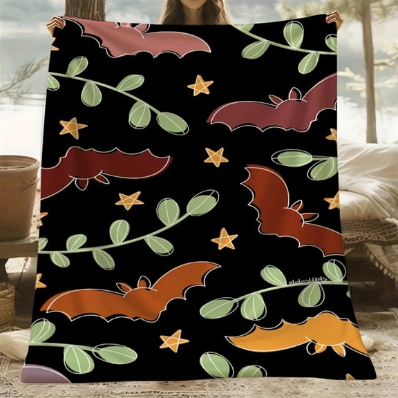 1pc Halloween Bat & Star Leaf Flannel Blanket - Soft, Cozy, All-Season Throw for Home, Office, Camping, Travel, Beach - Modern Style, Elegant Pattern, Perfect Gift for Best Friends & Family, Ideal fo
