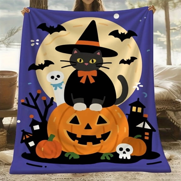 1pc Halloween Black Cat & Pumpkin Lantern Flannel Blanket - Spooky Witch Hat, Bats, Pumpkin & Haunted House Design, Soft All-Season Throw for Bed, Sofa, Camping, Travel, Beach - Perfect Gift for Hall
