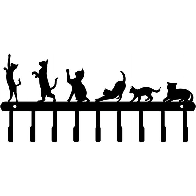 1pc Halloween Black Iron Wall Mounted Hooks Metal Key Holder Cat Pattern with 9 Hooks for Bag Wall Decorative