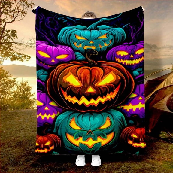 1pc Halloween Blanket, Little Ghosts, Pumpkins & Spiders Dark Castle Design - Printed Flannel Throw for Napping/Sofa/Office Bed Camping Travel Multi-Functional Gift (Soft Warm All Seasons), Sofa Blan