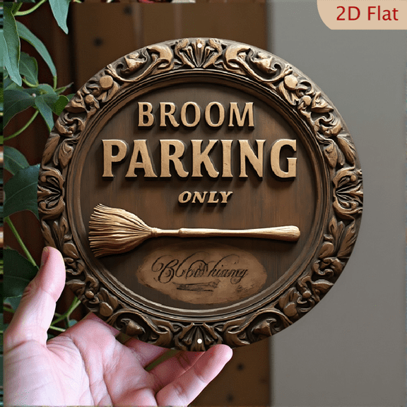 1pc Halloween Broom Parking Only Metal Wall Decor - Ornate Bronze Finish Broom & Text Sign, 8x8 Inch Round Aluminum Plaque for Haunted House, Witchy Home Decor, Spooky Entrance Signage