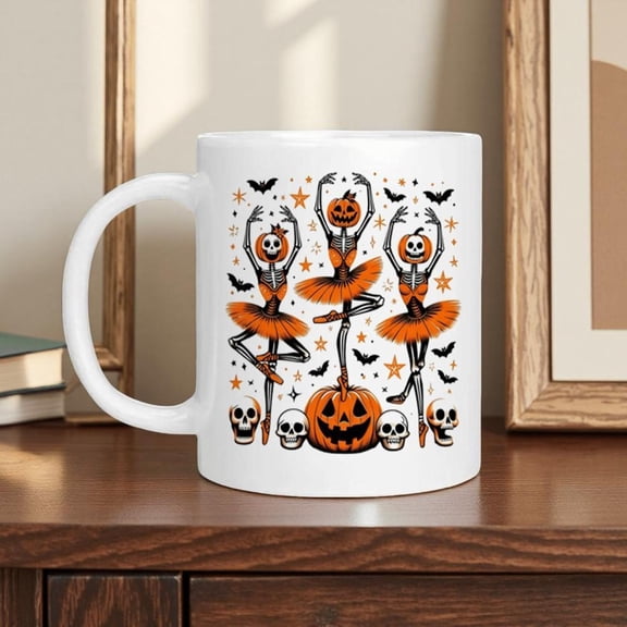 1pc Halloween Dancing Skeleton Mug Spooky Dance Party Cup with Pumpkin Dishwasher Ceramic Coffee Cup Hot Cold Drinks 11oz or 15oz Halloween Party Deco
