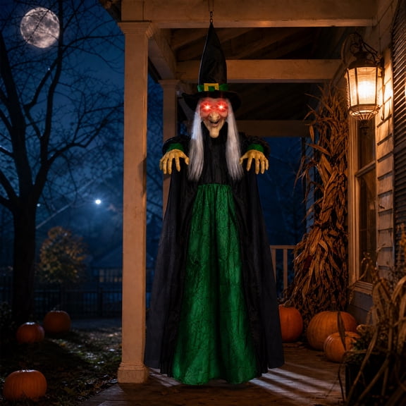 1pc Halloween Decorations Outdoor Flying Witch, Touch Animated Halloween Witch Prop, 6FT Hanging Talking Decor, Light Up Red Eyes Indoor Outdoor Scary 72in