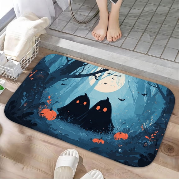 1pc Halloween Ghosts in the Woods Absorbent Non-Slip Bathroom Thickened Flannel Rug Decor,Soft,Quick Drying,Suitable For Indoor/outdoor Use,Bathrooms,Bedrooms,Kitchens,Terrace,Laundry Rooms,16"x24"