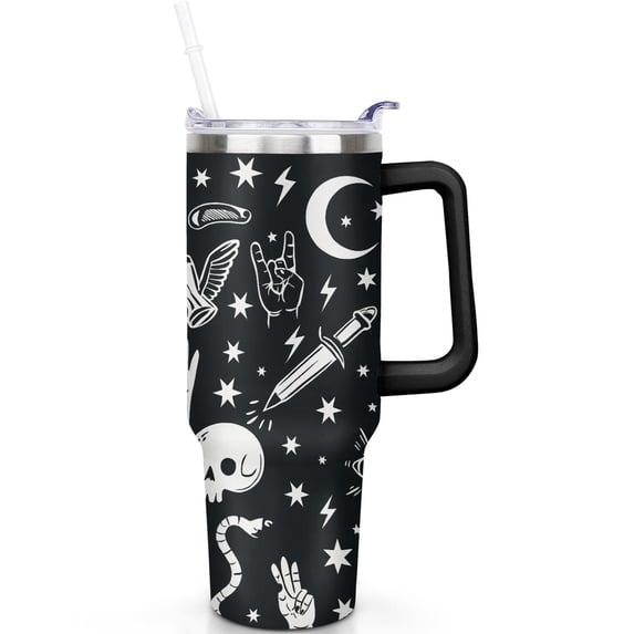 1pc Halloween Goth 40oz Tumbler with Straw & Handle - Insulated Stainless Steel Cup | Holiday Gift for Man Women (Christmas, Valentine's, Birthday)