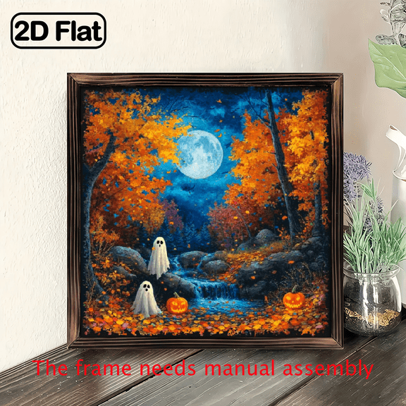 1pc Halloween-Inspired Wooden Frame Art, 8x8 Inch Spooky Forest Scene with Pumpkins, Ghosts Full Moon Perfect Gift for Family or Hot Tub Wall Decor, Halloween Decorations, Decorative Sign