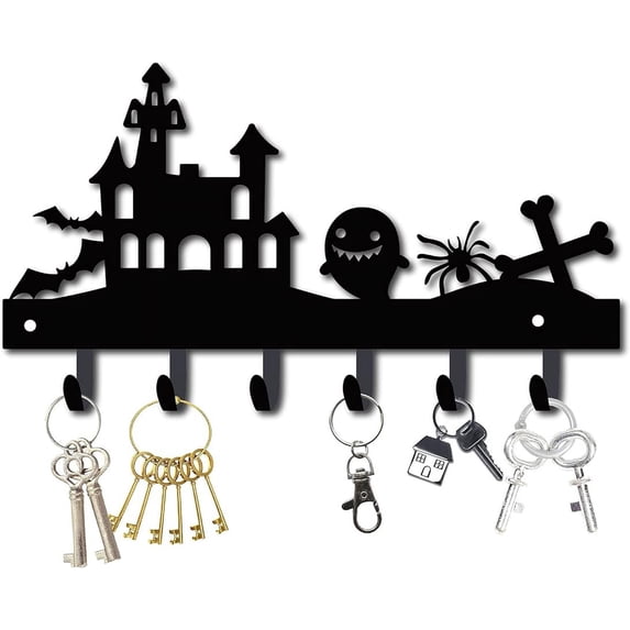 1pc Halloween Metal Key Holder Wall Mount Hanger Decor Organizer Rock Decorative with 6 Hooks Bat Spider Ghost for Front Door Entryway
