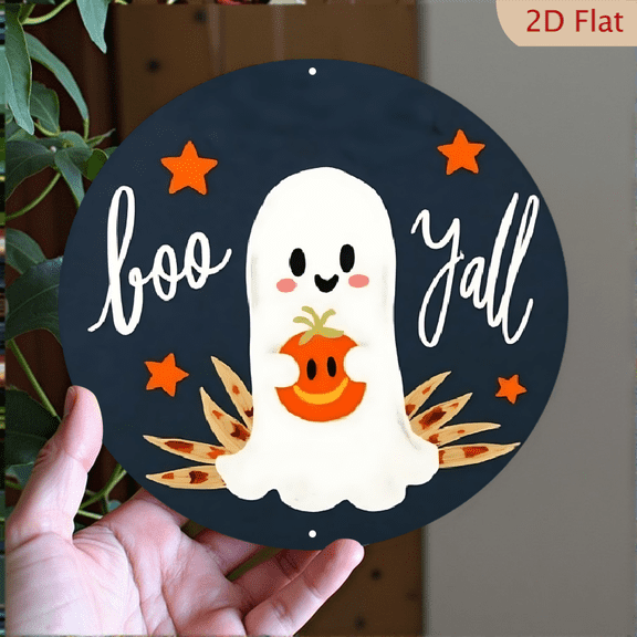 1pc Halloween Metal Wall Decor - Adorable Ghost Holding Pumpkin with "Boo Y'all" Text and Orange Stars, 8x8 Inch Round Aluminum Sign for Indoor/Outdoor - Spooky Home Decor