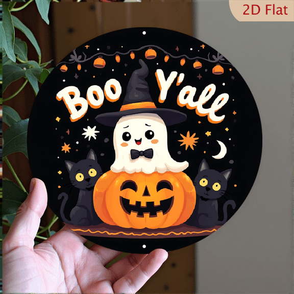 1pc Halloween Metal Wall Decor - Cute Ghost with Witch Hat on Pumpkin, flanked by two Black Cats, with "Boo Y'all" text and festive string lights, 8x8 Inch Round Aluminum Sign for Indoor