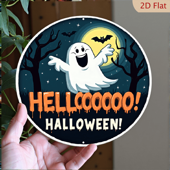 1pc Halloween Metal Wall Decor - Friendly Ghost with Bats and Full Moon, "HELLOOOOO HALLOWEEN!" Text, 8x8 Inch Round Aluminum Sign for Indoor/Outdoor - Spooky Home, Halloween Decor