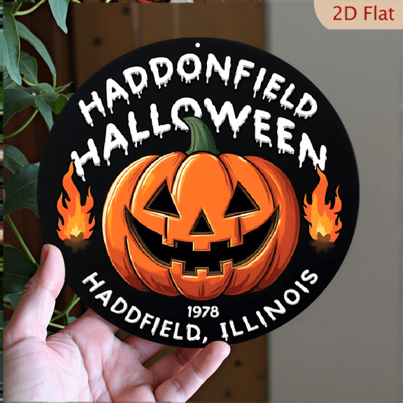 1pc Halloween Metal Wall Decor - Haddonfield Halloween Jack-o'-lantern with Flames, 8x8 Inch Round Aluminum Sign for Indoor/Outdoor - Spooky Haunted House, Trick or Treat, Fall Festival