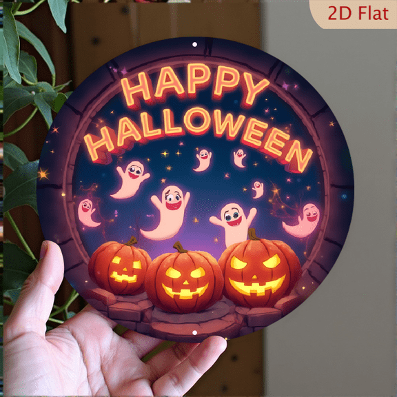 1pc Halloween Metal Wall Decor - Happy Halloween Neon Sign with Flying Ghosts and Jack-o'-Lanterns, 8x8 Inch Round Aluminum Sign for Spooky Indoor/Outdoor Home Decoration