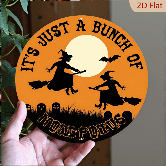 1pc Halloween Metal Wall Decor - "It's Just a Bunch of Hocus Pocus" with Silhouetted Witches, Bats, and Spooky Ghosts in Cemetery, 8x8 Inch Round Aluminum Sign for Indoor/Outdoor - Halloween Party