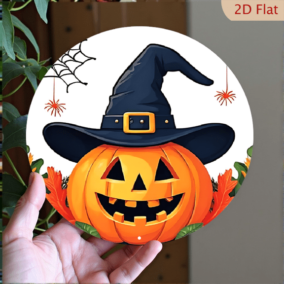 1pc Halloween Metal Wall Decor - Smiling Jack-o'-Lantern in Witch Hat with Spiders and Autumn Leaves, 8x8 Inch Round Aluminum Sign for Indoor/Outdoor - Spooky Home, Halloween Decor