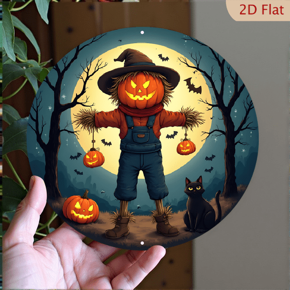 1pc Halloween Metal Wall Decor - Spooky Scarecrow with Jack-o'-lantern Head and Black Cat, Surrounded by Pumpkins and Bats under a Full Moon, 8x8 Inch Round Aluminum Sign for Indoor