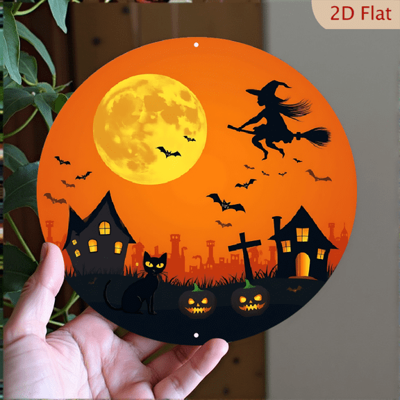 1pc Halloween Metal Wall Decor - Spooky Scene with Witch, Bats, Black Cat, Haunted Houses, Pumpkins, and Cemetery Cross, 8x8 Inch Round Aluminum Sign for Indoor/Outdoor - Halloween Home Decor