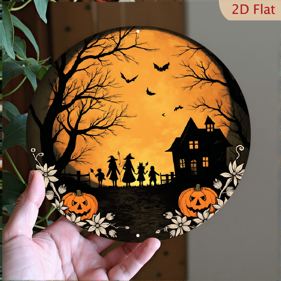 1pc Halloween Metal Wall Decor - Spooky Silhouette of Witches and Children with Jack-o'-lanterns, Bats, and Haunted House Under a Full Moon, 8x8 Inch Round Aluminum Sign for Indoor