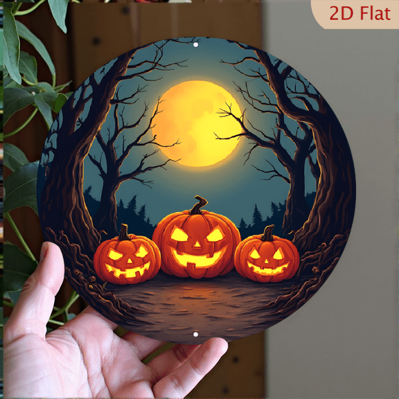 1pc Halloween Metal Wall Decor - Three Jack-o'-Lanterns Under a Full Moon with Bare Trees and Forest Background, 8x8 Inch Round Aluminum Sign for Indoor/Outdoor - Spooky Home Decor