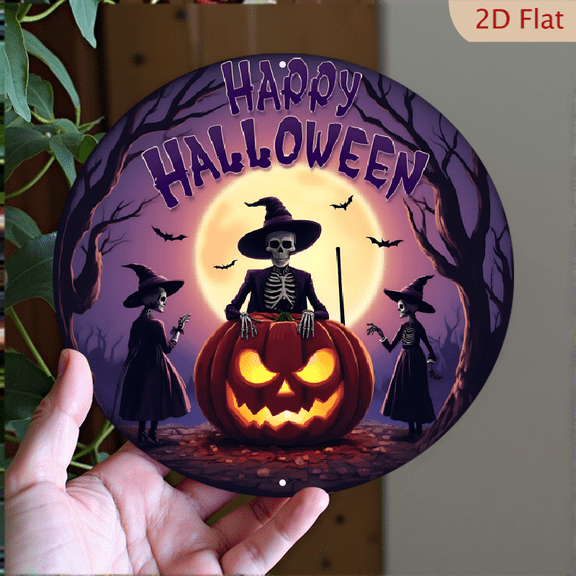 1pc Halloween Metal Wall Decor - Two Skeletons in Witch Hats with a Jack-o'-lantern and Bats under a Full Moon, 8x8 Inch Round Aluminum Sign for Indoor/Outdoor - Spooky Halloween Decor